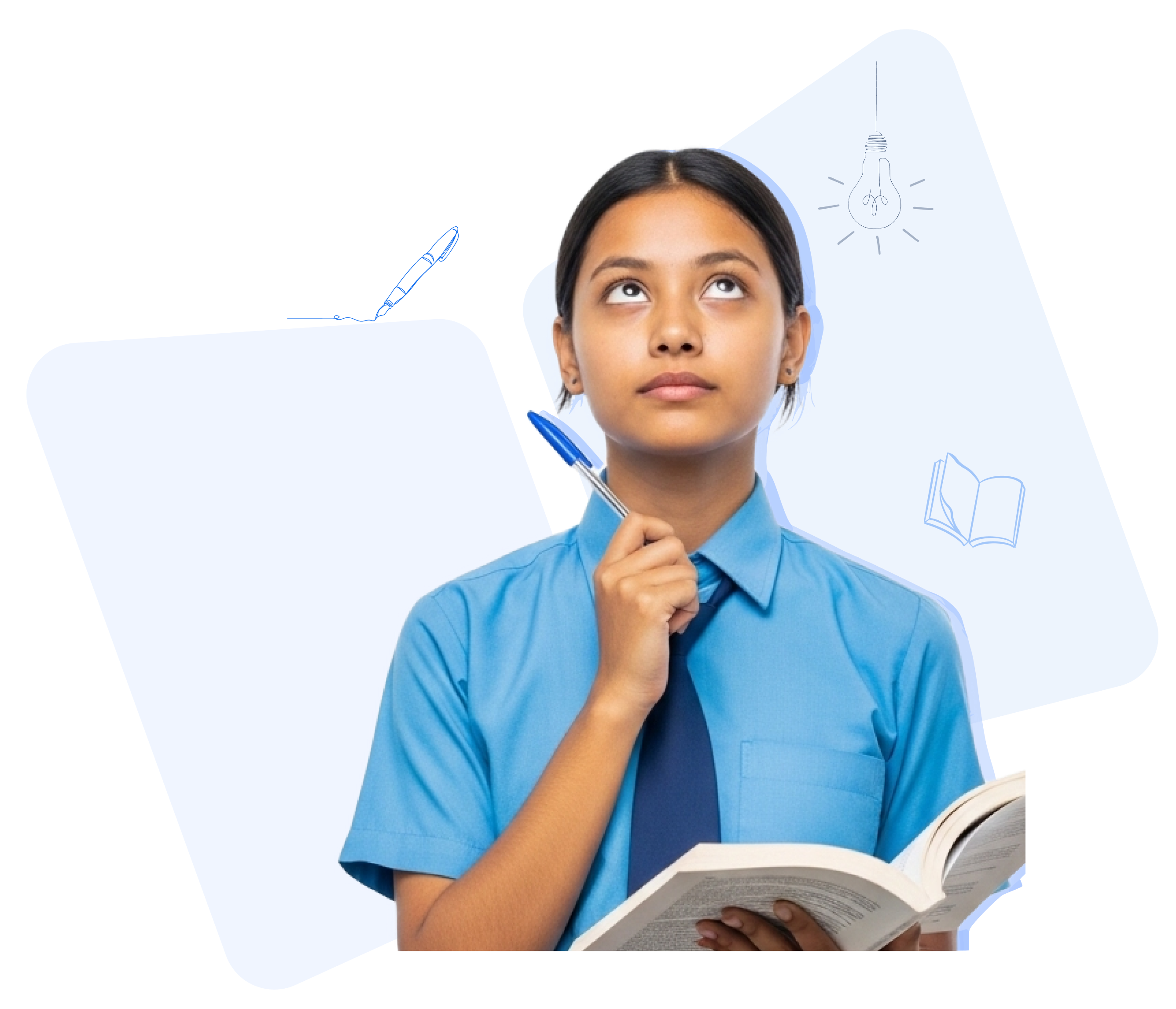 A student holding a book and thinking